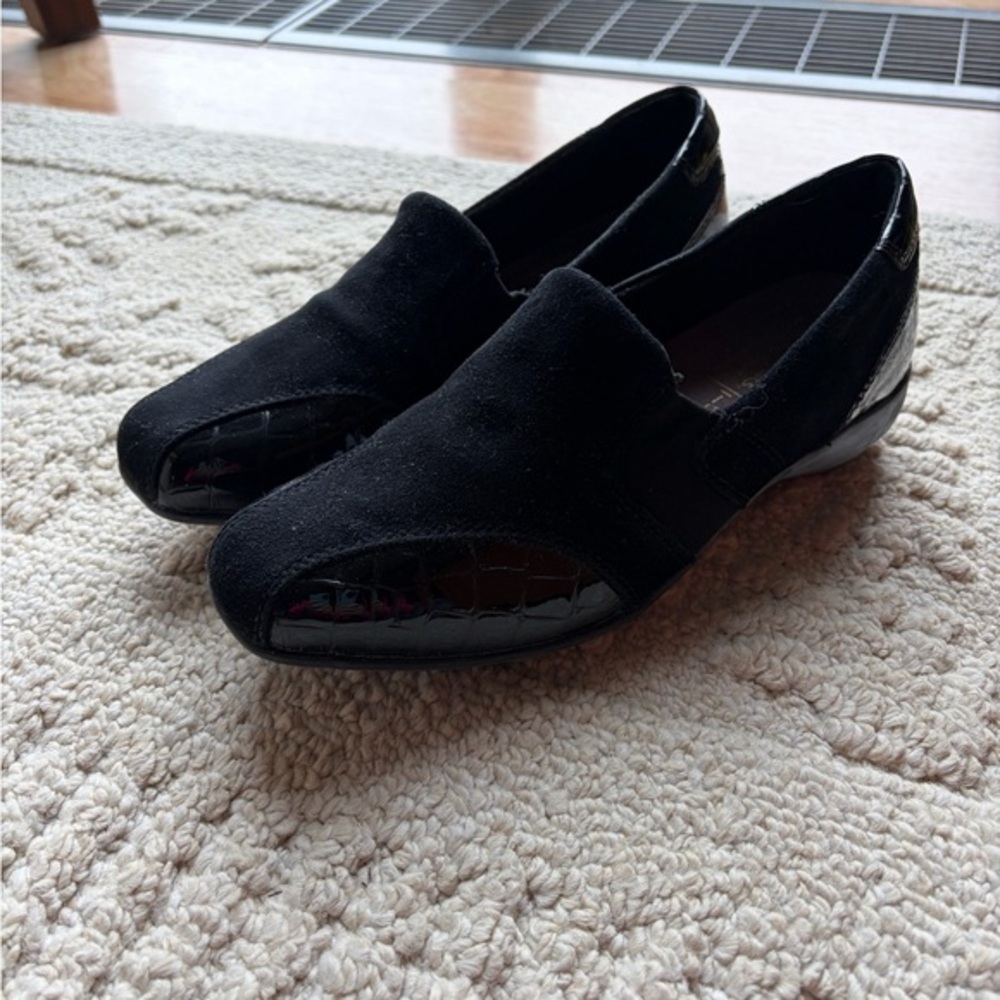 Clarks Black Suede Slip-On Loafers with Patent Trim